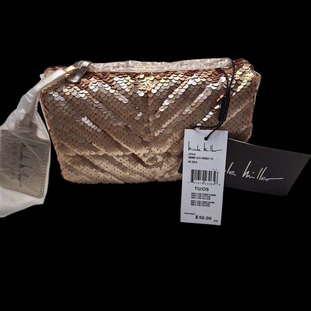 Nicole Miller Gold Sequin With Chain Strap Crossbody Handbag Clutch Purse NWT